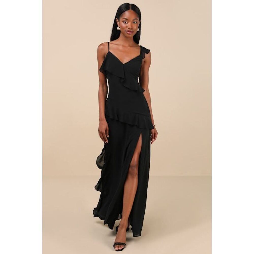 Lulus Utterly Captivating Black Ruffled Sleeveless Maxi Dress - Size S